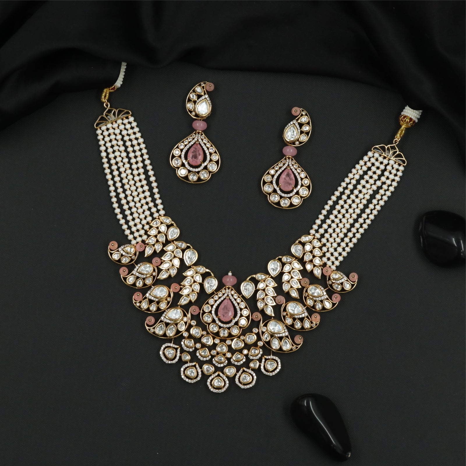 Expressive Floral Framework Kundan Pearl Necklace with Structured Centre and Bead Fringe