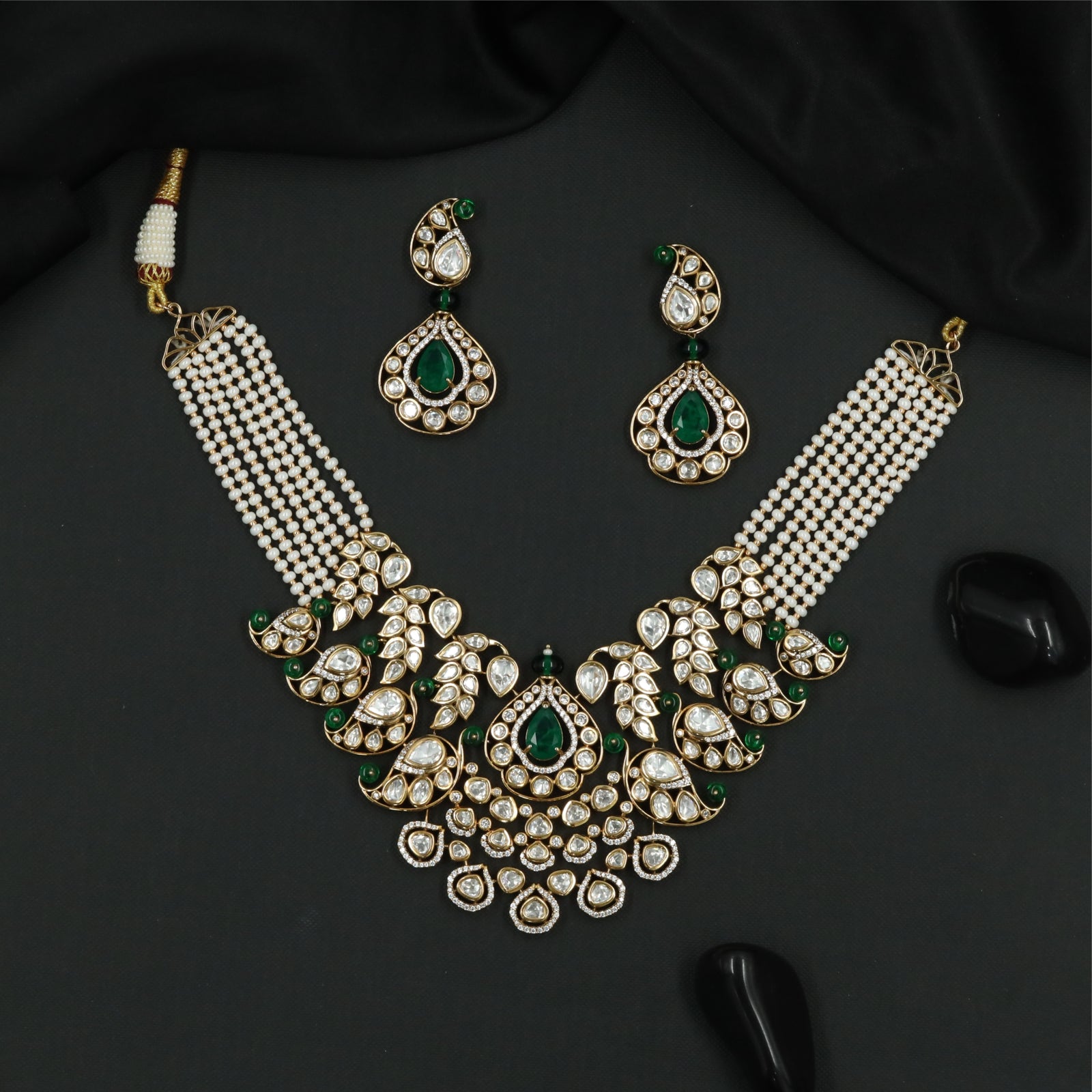 Expressive Floral Framework Kundan Pearl Necklace with Structured Centre and Bead Fringe
