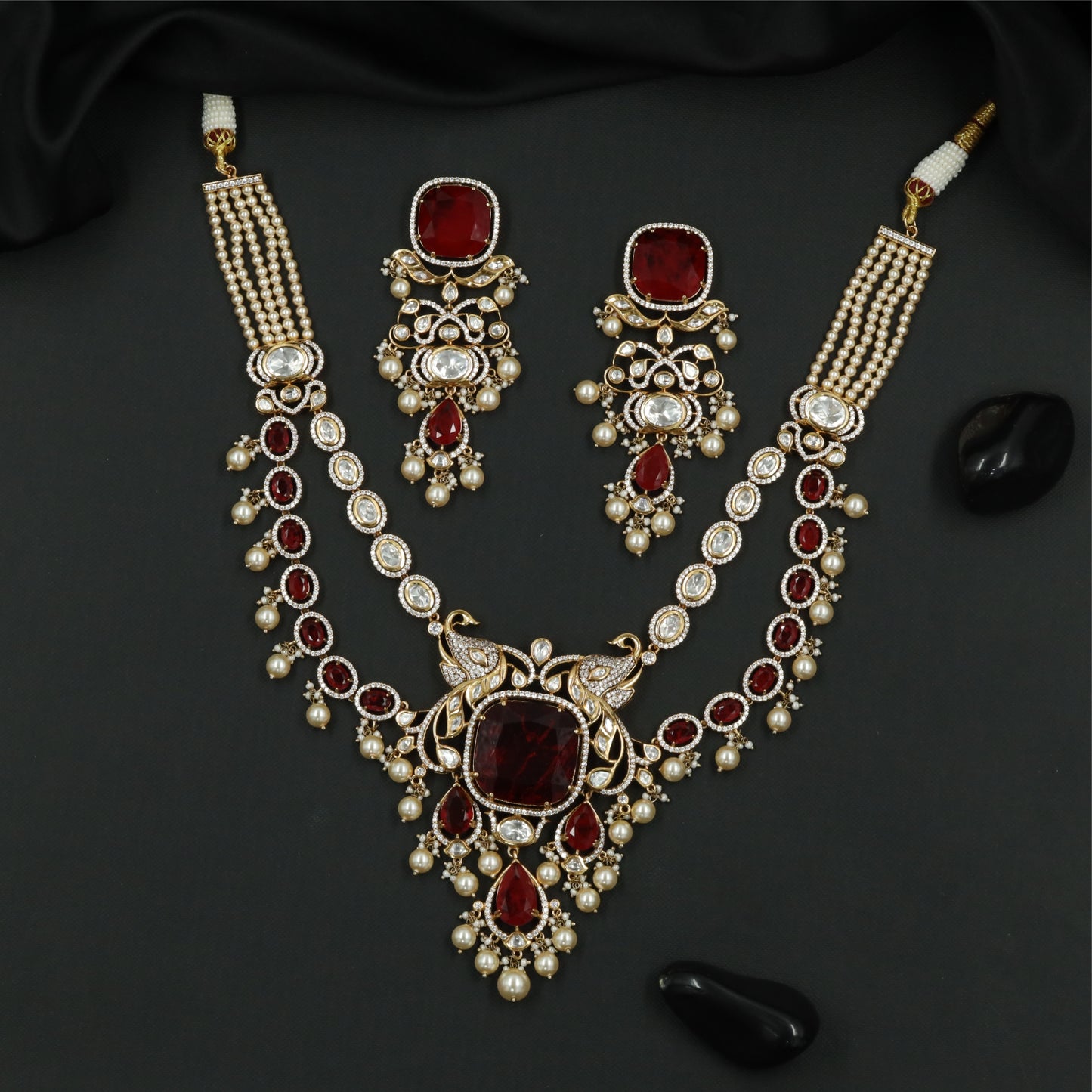 Juxtaposed Oval Pattern Kundan Pearl Necklace with Layered Rows and Hanging Pearls