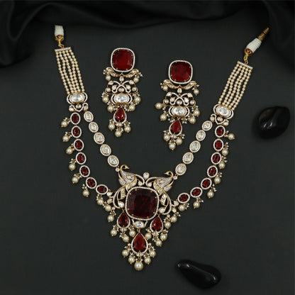 Juxtaposed Oval Pattern Kundan Pearl Necklace with Layered Rows and Hanging Pearls