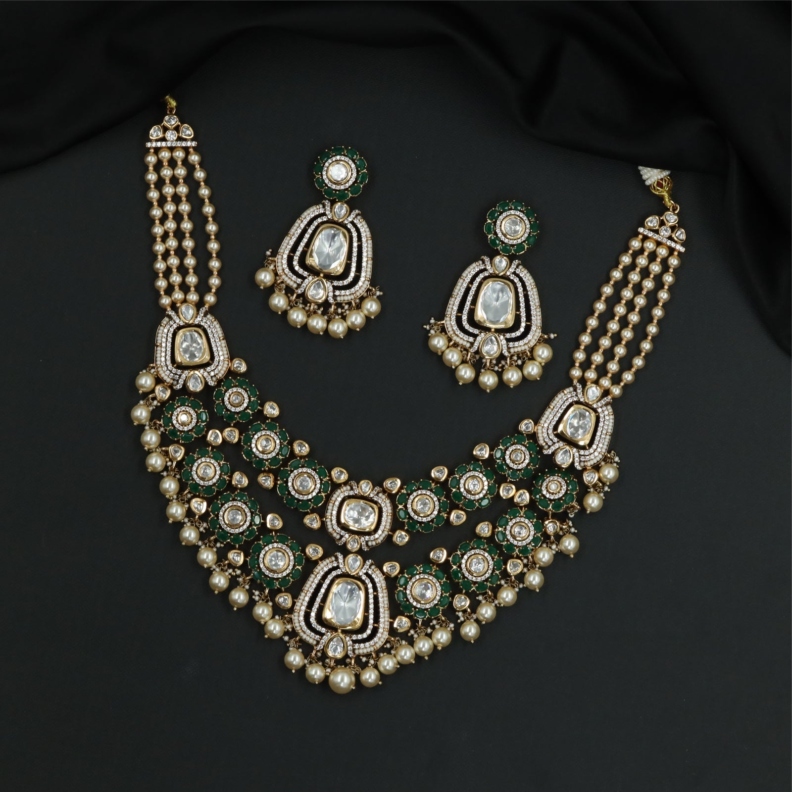 Grand Floral Arrangement Kundan Pearl Necklace with Multi Line Sides and Pearl Drops