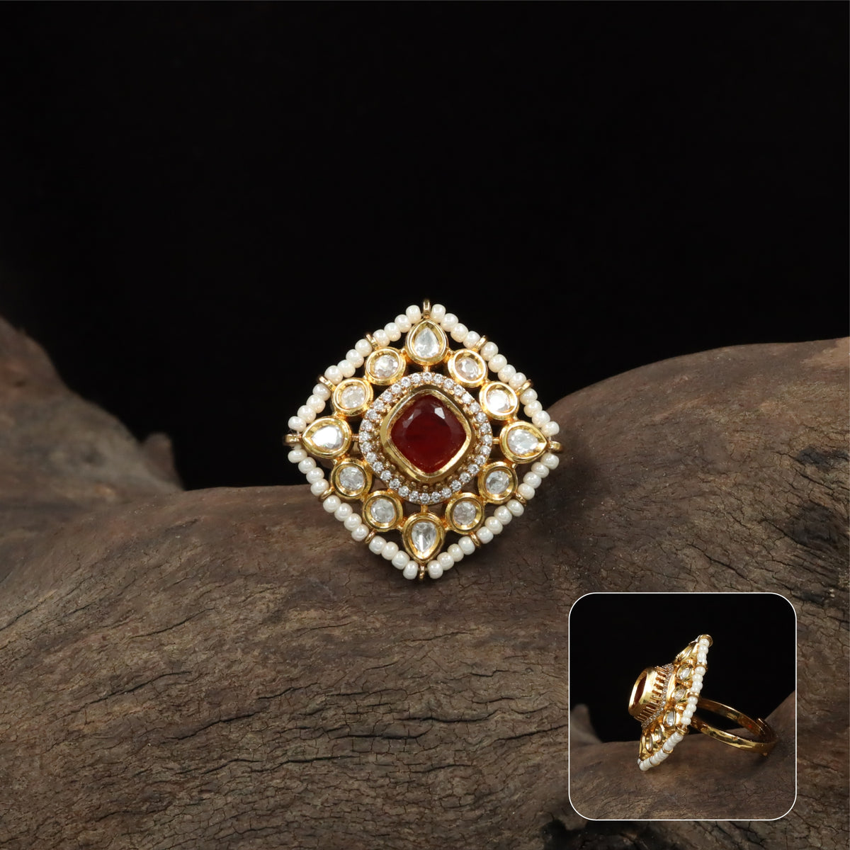 Fable square kundan finger ring with enclosed centre and radial arrang ...