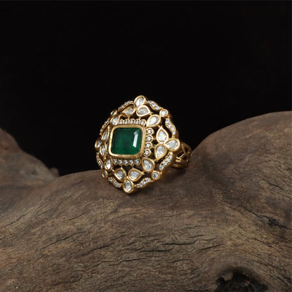 Ardent square kundan finger ring with central setting and surrounding drop units