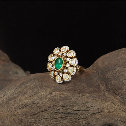 Brisk bloom kundan finger ring with elongated centre and radial placements