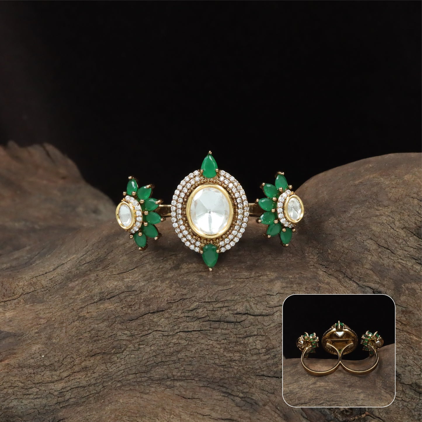 Triple design kundan finger ring with centre setting and matching side clusters