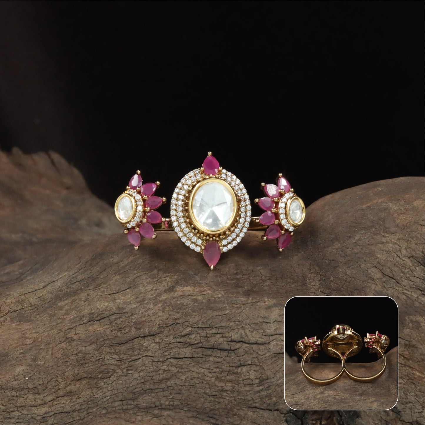 Triple design kundan finger ring with centre setting and matching side clusters