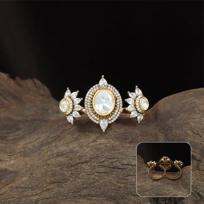 Triple design kundan finger ring with centre setting and matching side clusters