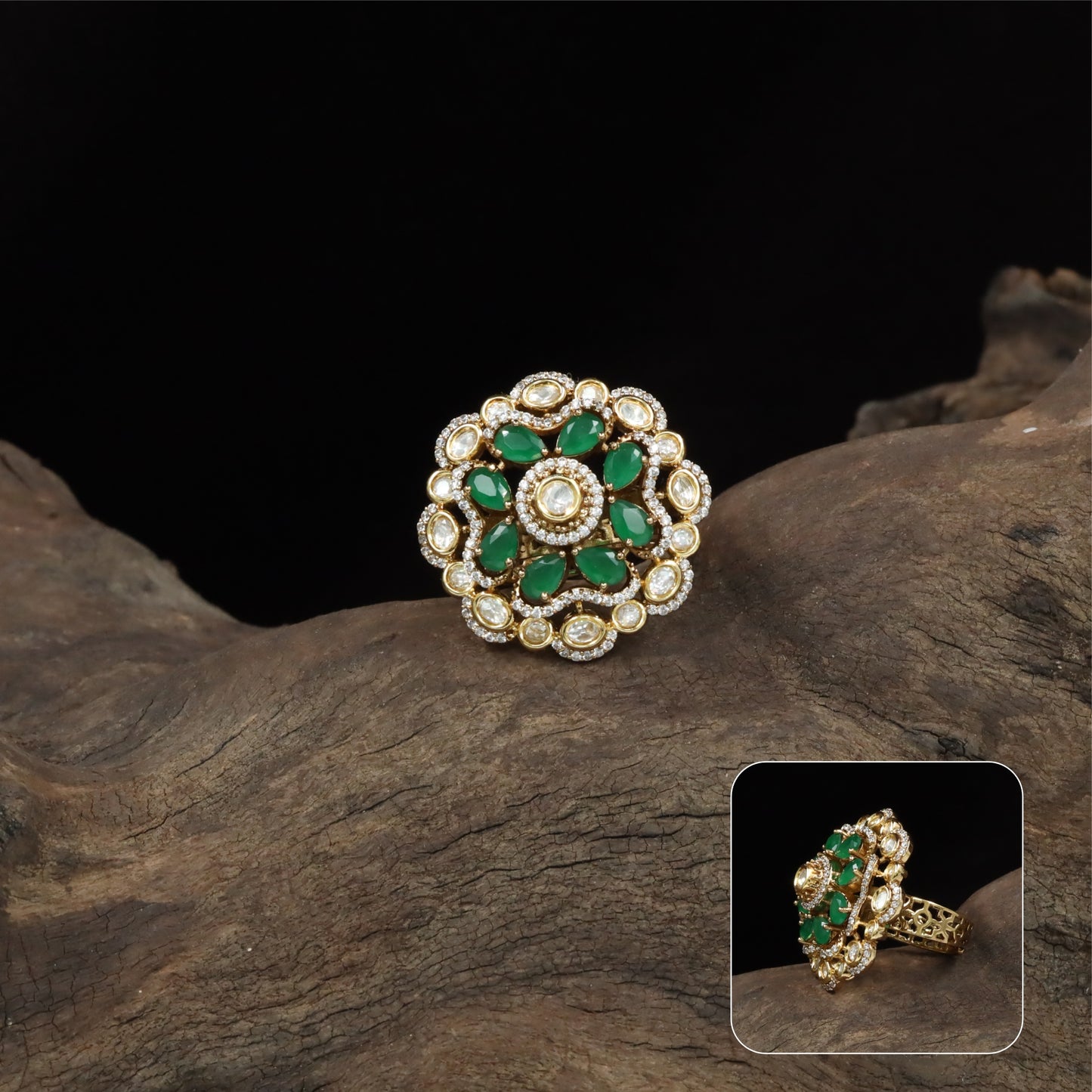 Aster bloom kundan finger ring with central round cluster and outer petal arrangement
