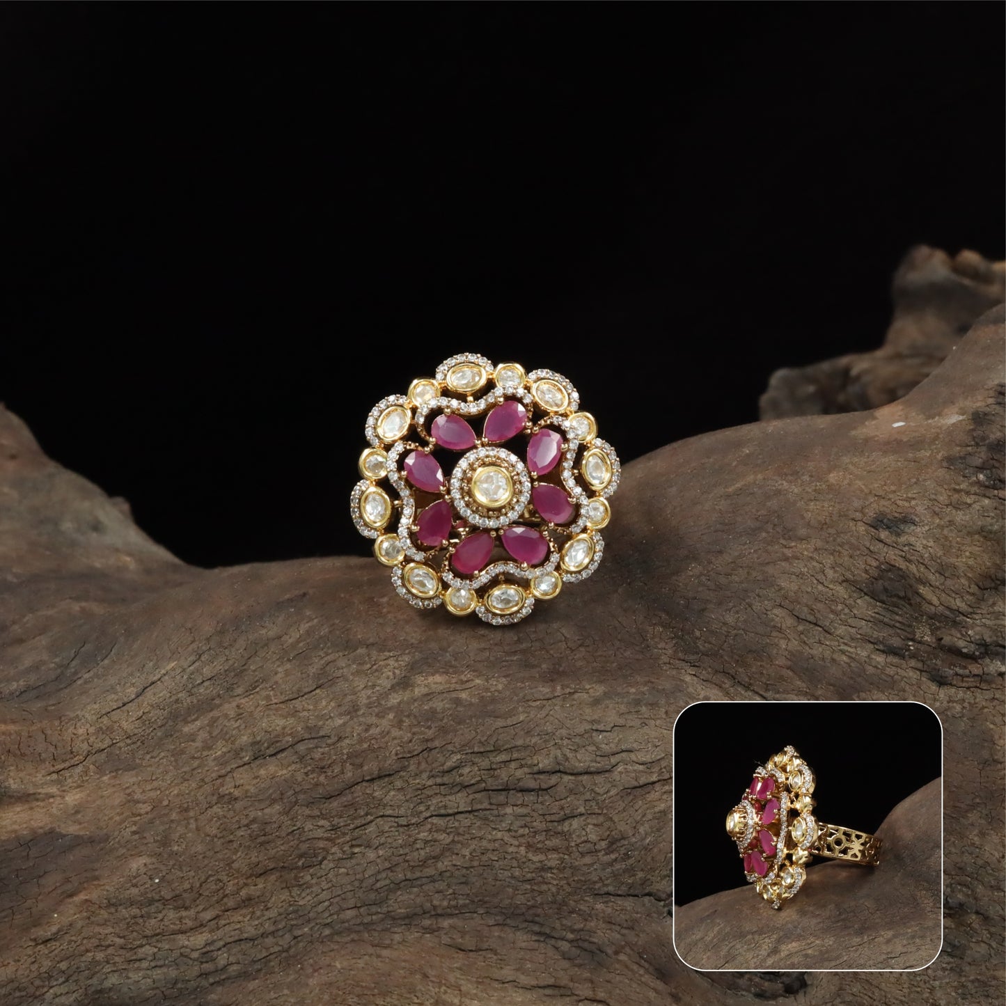 Aster bloom kundan finger ring with central round cluster and outer petal arrangement