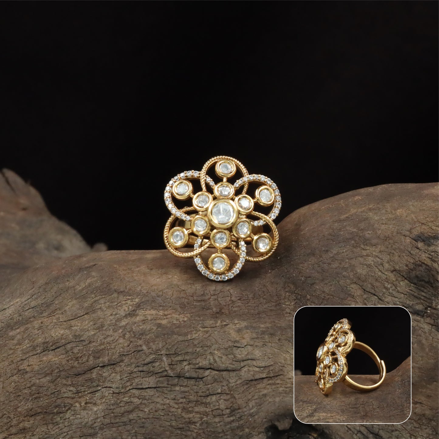Detailed loop kundan finger ring with cluster centre and petal shaped surrounds