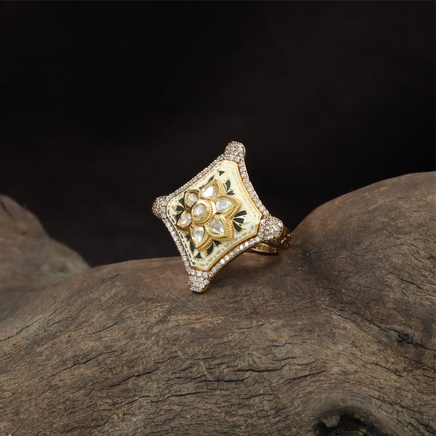 Intricate enamel kundan finger ring with square frame and central floral cluster