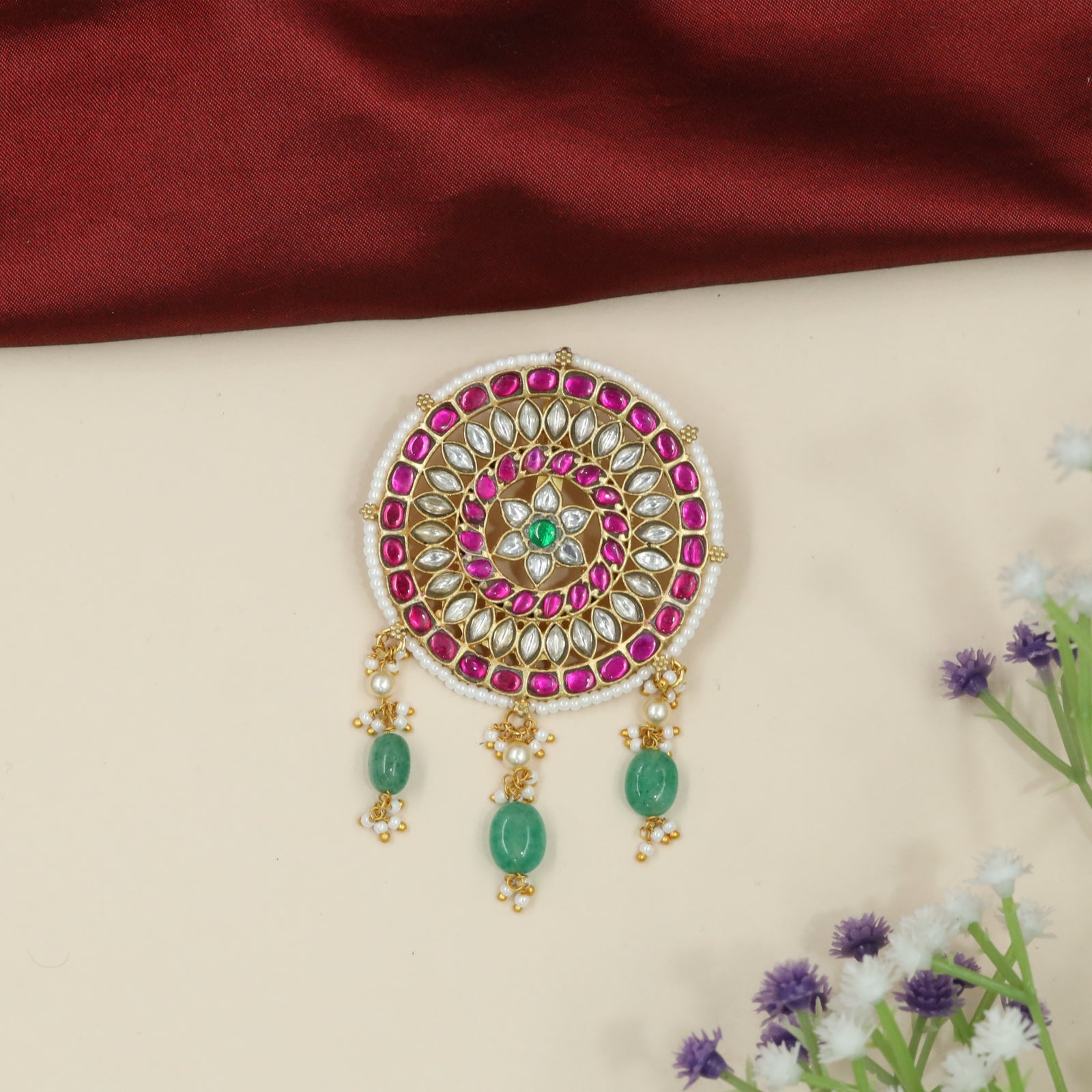 Circular Disc Jadau Pendent Set with Concentric Petal Rings and Drop Bead Hangings