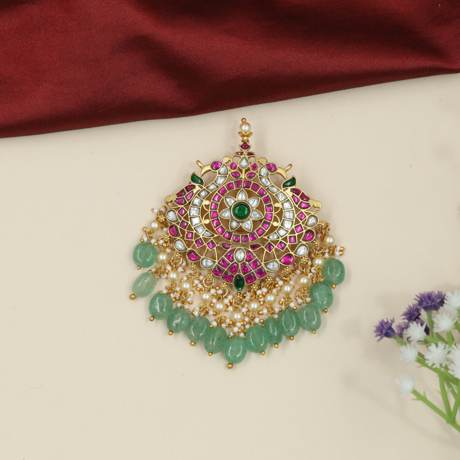 Floral Peacock Jadau Pendent Set with Layered Medallion and Hanging Drops