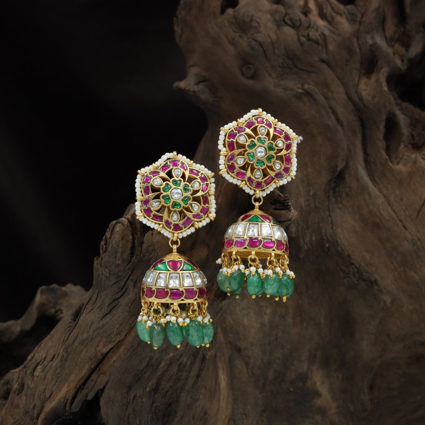 Floral Layout Jadau Jumka with Dome Base and Cluster Hanging Detail