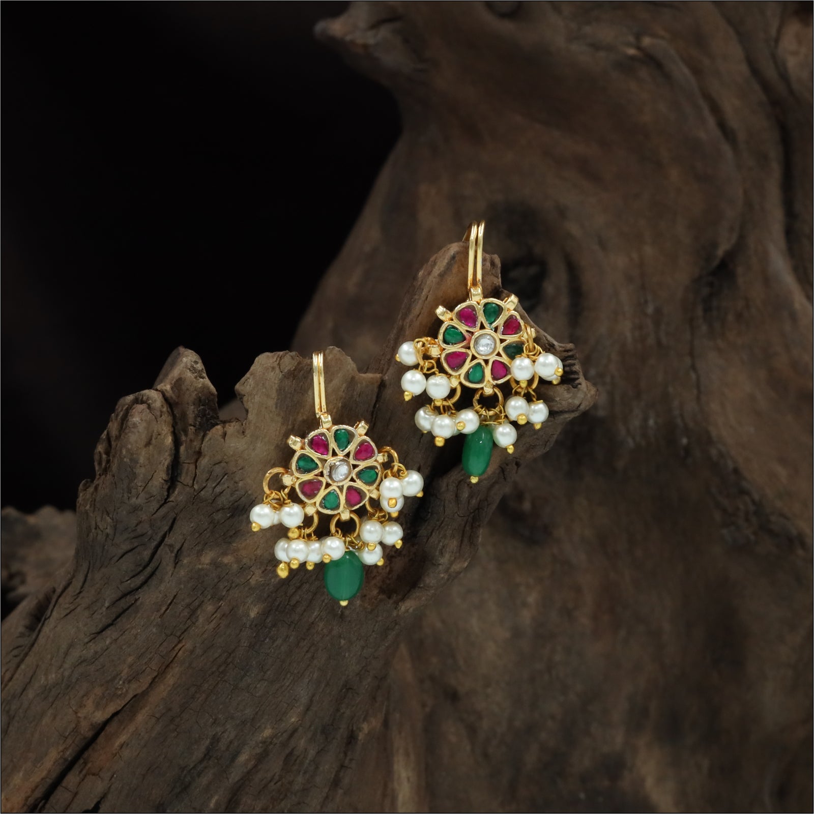 Medallion Floral Jadau Bugadi with Petal Layout and Drop Bead Fringe