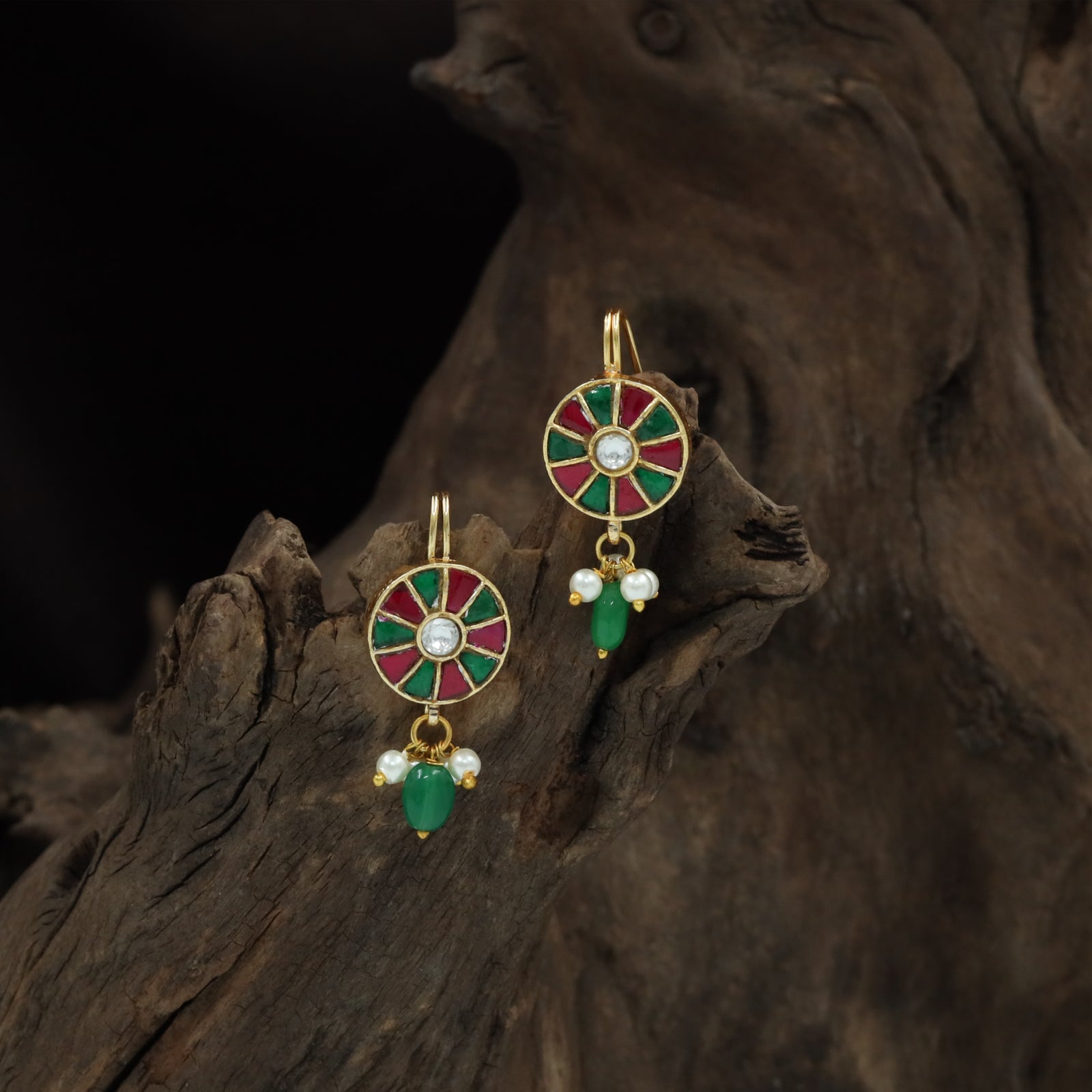 Wheel Style Jadau Bugadi with Radial Panel Design and Bead Drops