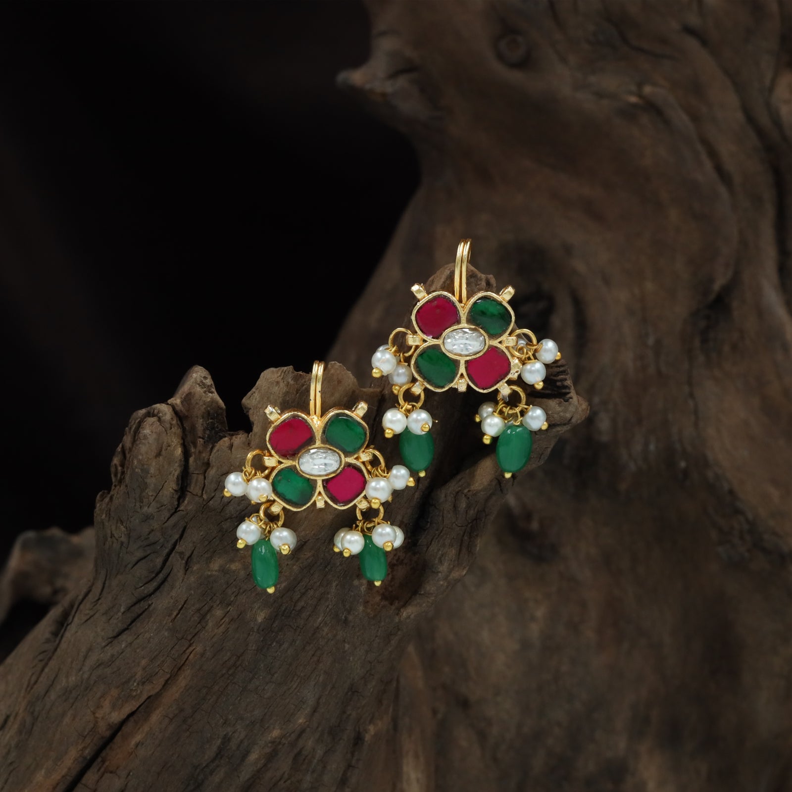 Floral Four Petal Jadau Bugadi with Central Oval Detail and Drop Bead Fringe