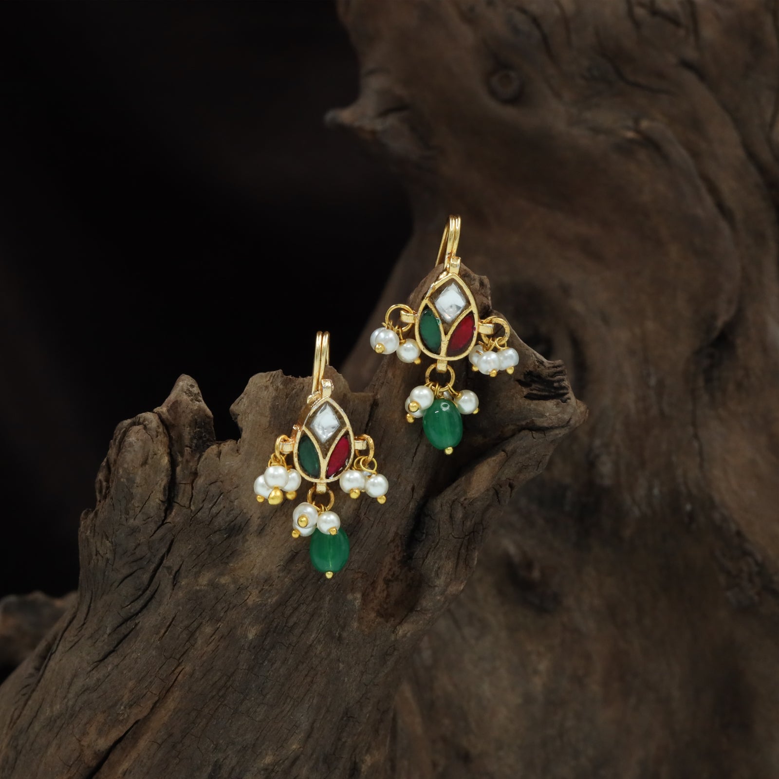 Mango Shape Jadau Bugadi with Three Panel Design and Hanging Drops