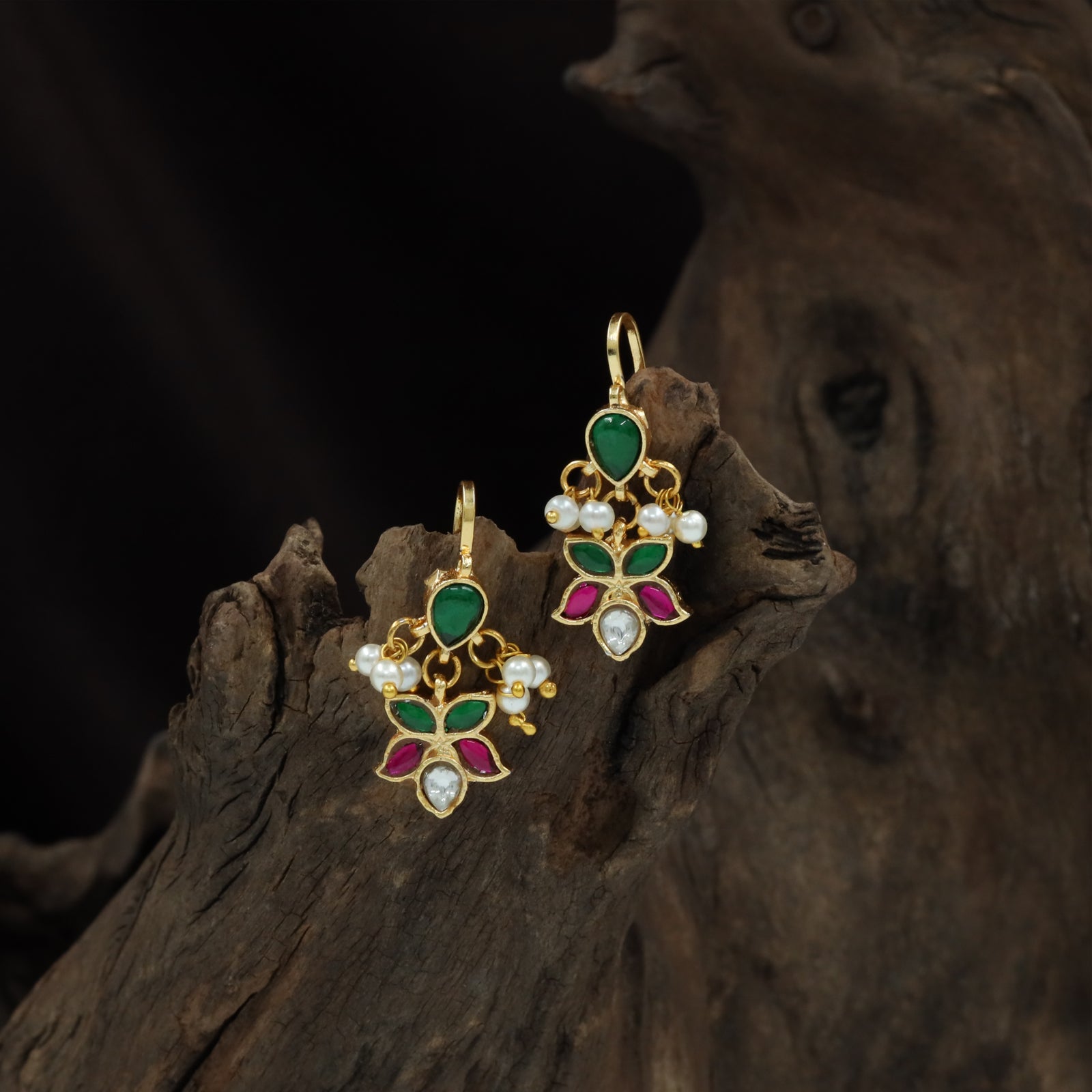 Leaf Top Jadau Bugadi with Four Petal Drop Design and Bead Fringe