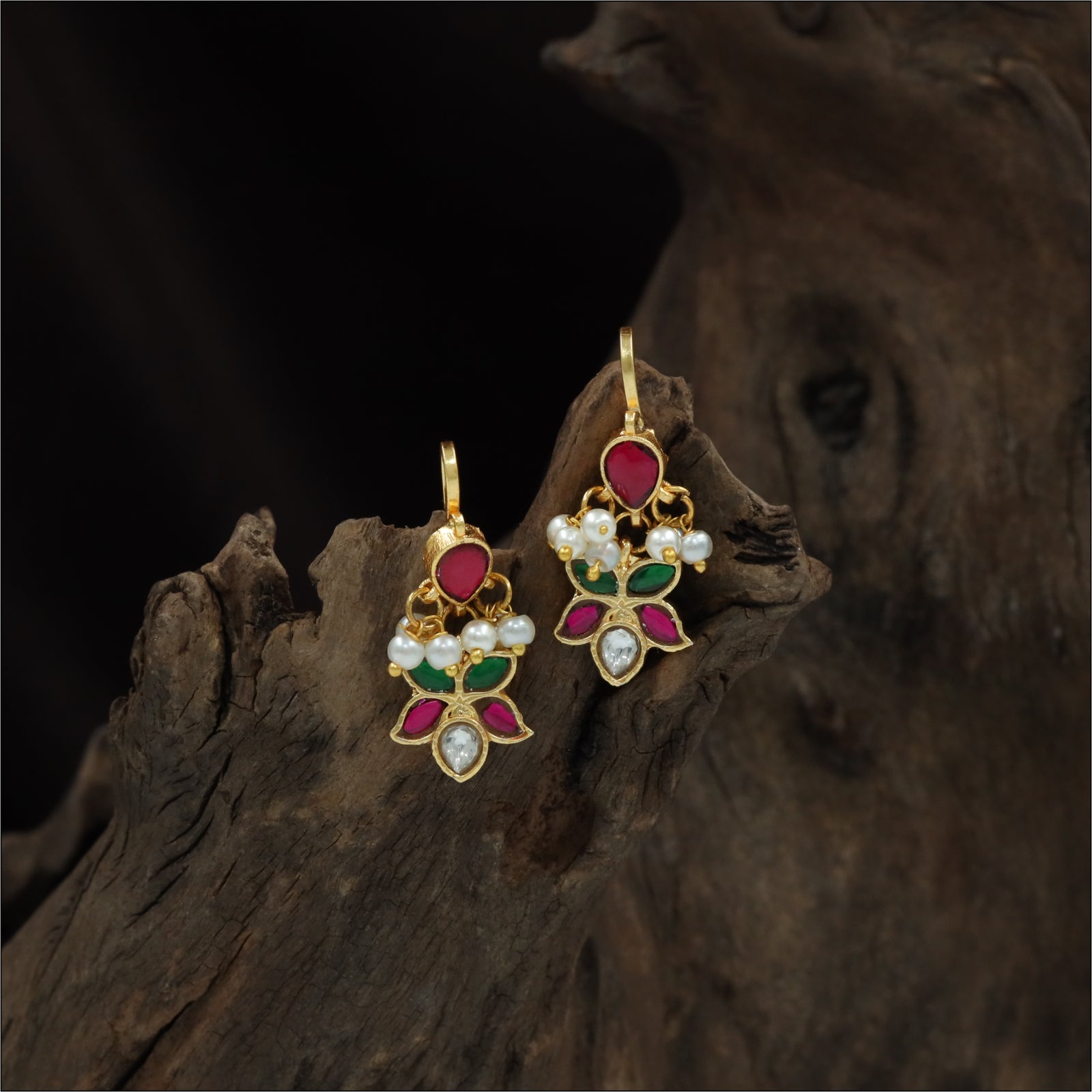 Leaf Top Jadau Bugadi with Four Petal Drop Design and Bead Fringe