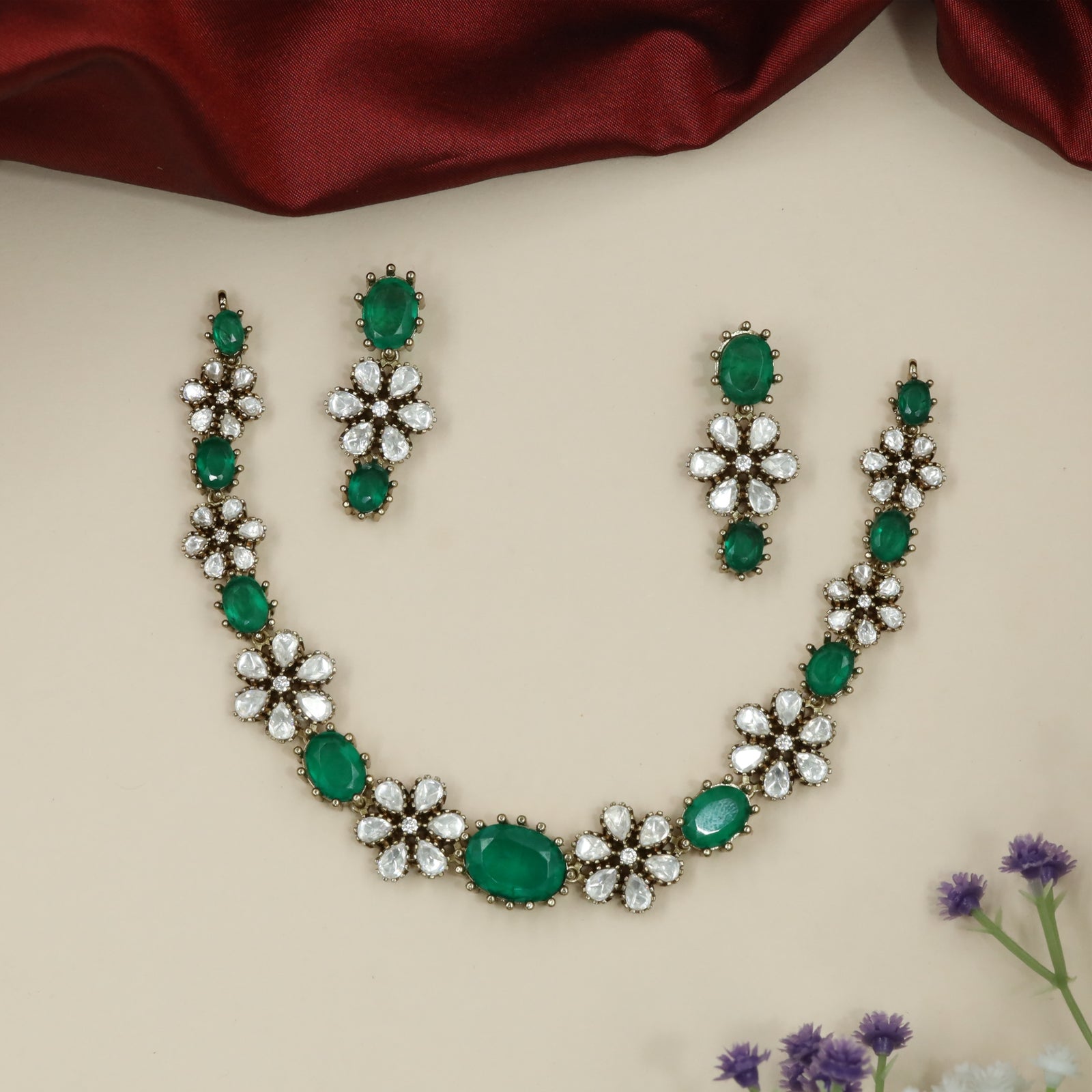 Alternating Oval Floral Victorian Necklace with Linked Flower Clusters and Oval Panels
