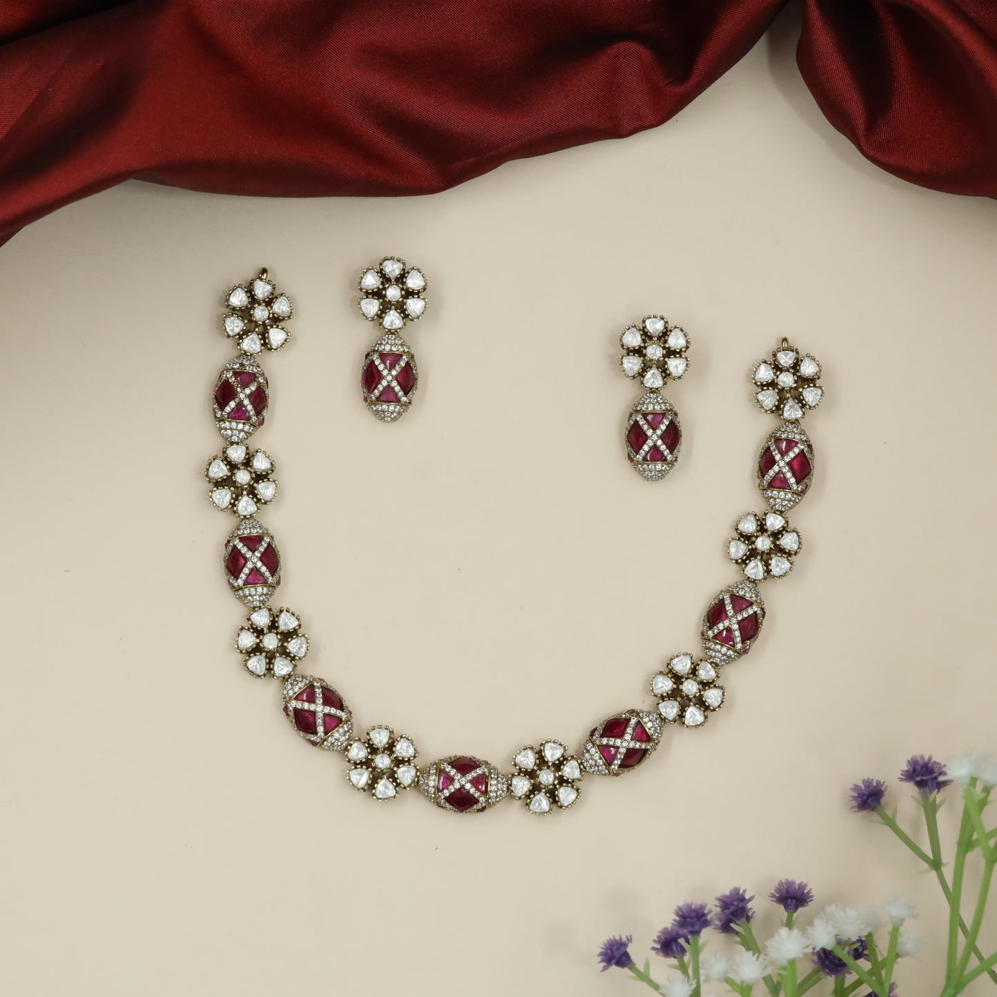 Alternating Floral Victorian Necklace with Oval Panels and Cross Pattern Detailing
