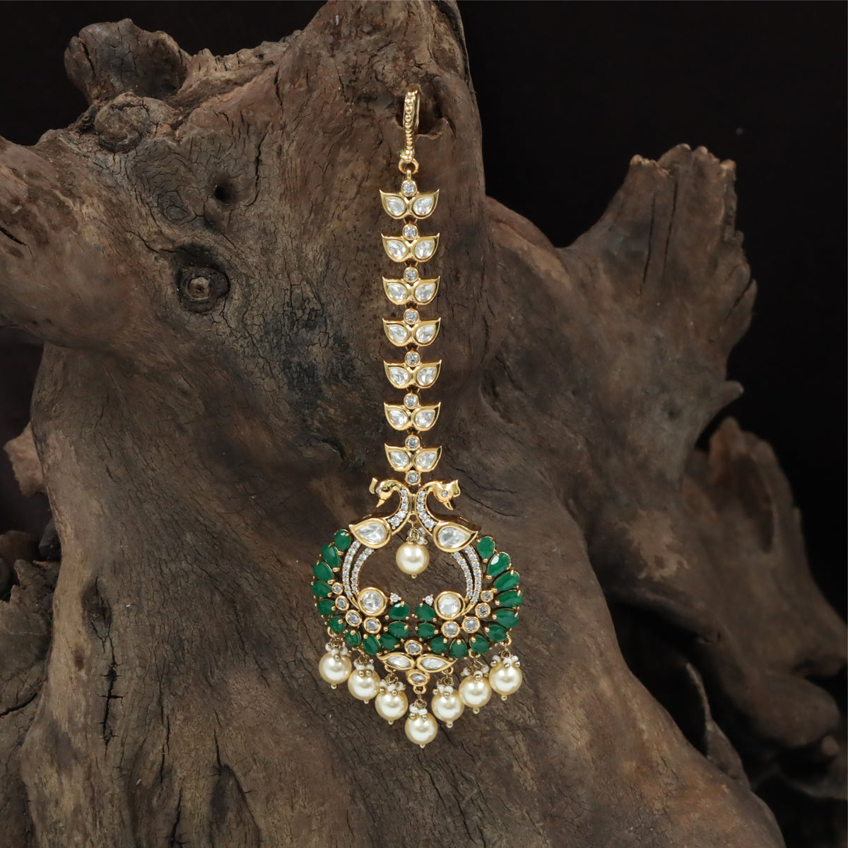 Traditional Kundan Tikka with Linear Leaf Chain and Open Centre Pendant