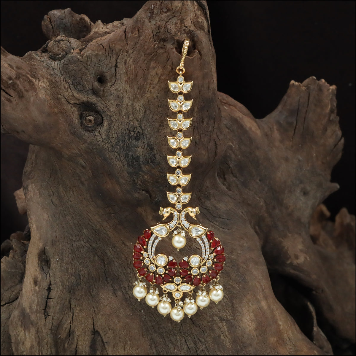 Traditional Kundan Tikka with Linear Leaf Chain and Open Centre Pendant