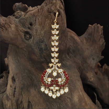 Traditional Kundan Tikka with Linear Leaf Chain and Open Centre Pendant