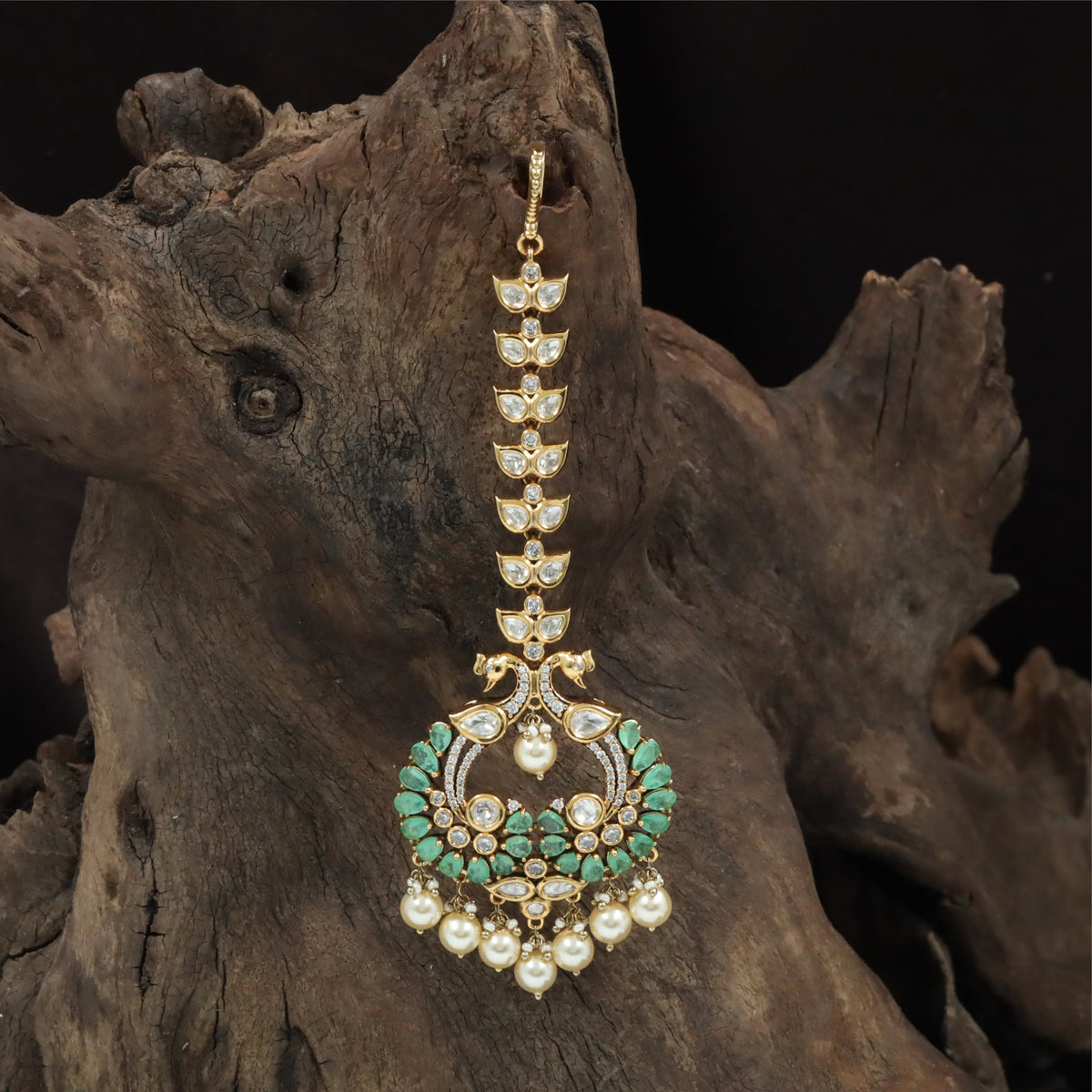 Traditional Kundan Tikka with Linear Leaf Chain and Open Centre Pendant