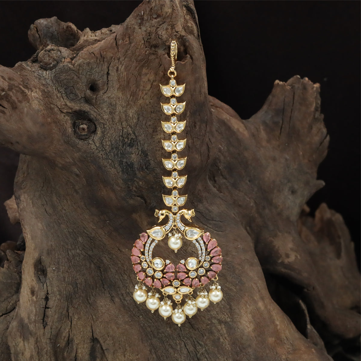 Traditional Kundan Tikka with Linear Leaf Chain and Open Centre Pendant