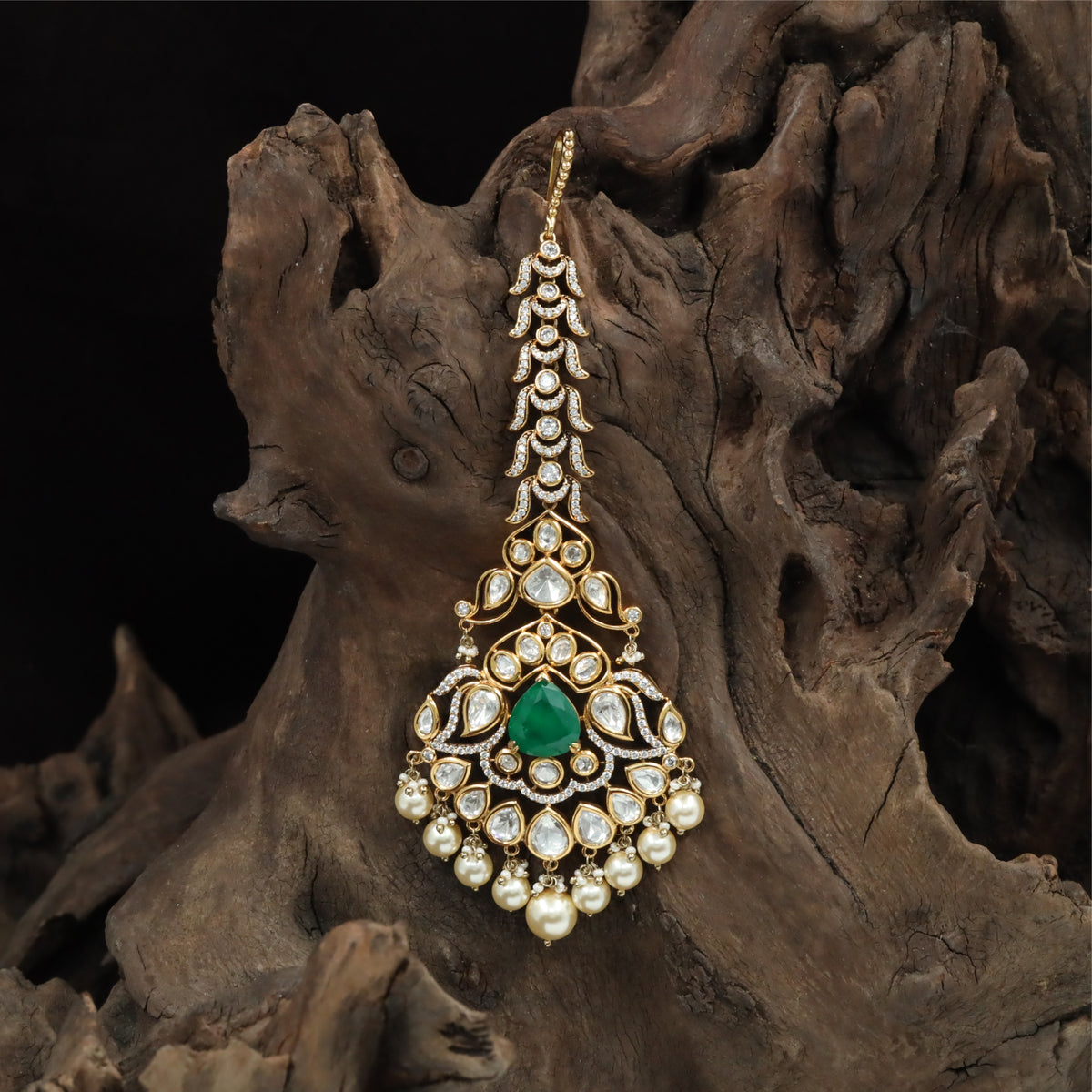 Stylish Long Tikka with Curved Link Alignment and Hanging Pearl Accents