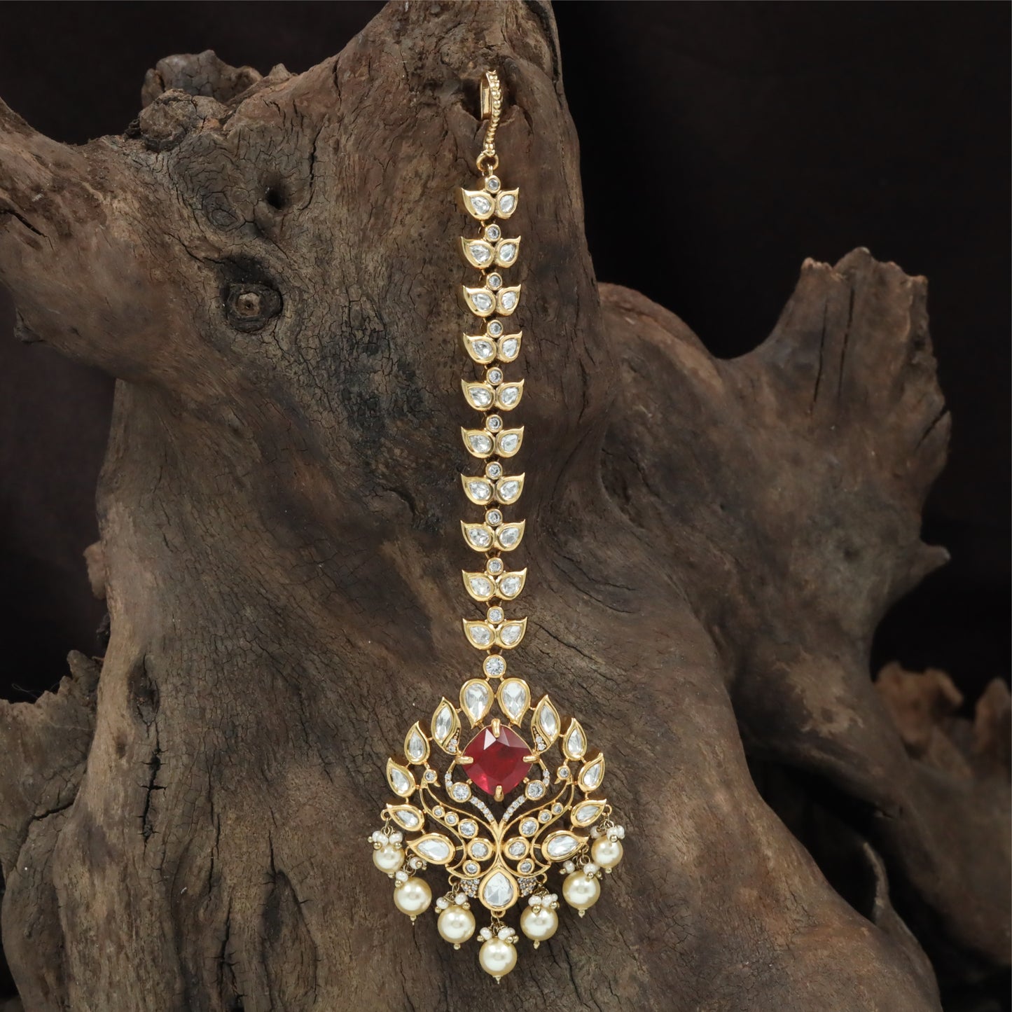 Decorative Long Tikka with Floral Pendant Composition and Hanging Pearl Fringe