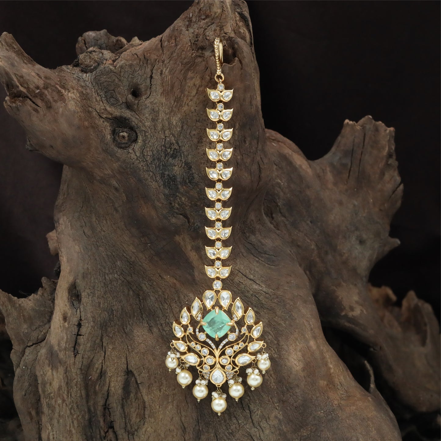 Decorative Long Tikka with Floral Pendant Composition and Hanging Pearl Fringe