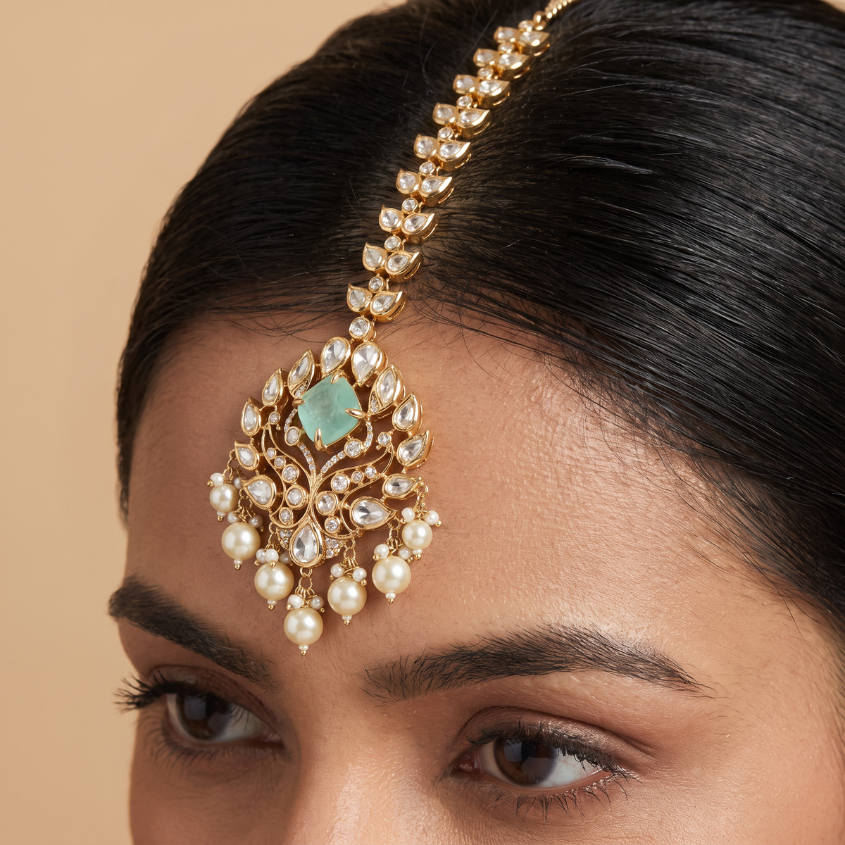 Leaf Chain Floral Pendant Kundan Tikka