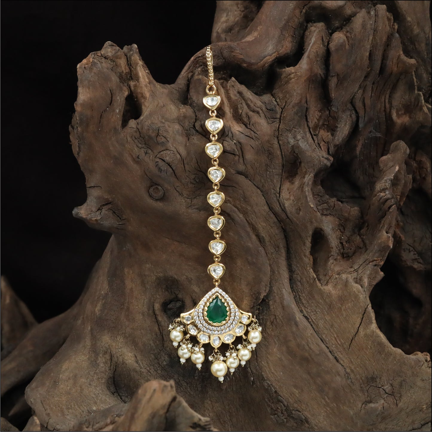 Classic Long Kundan Tikka with Repeating Heart Motifs and Layered Drop Detailing