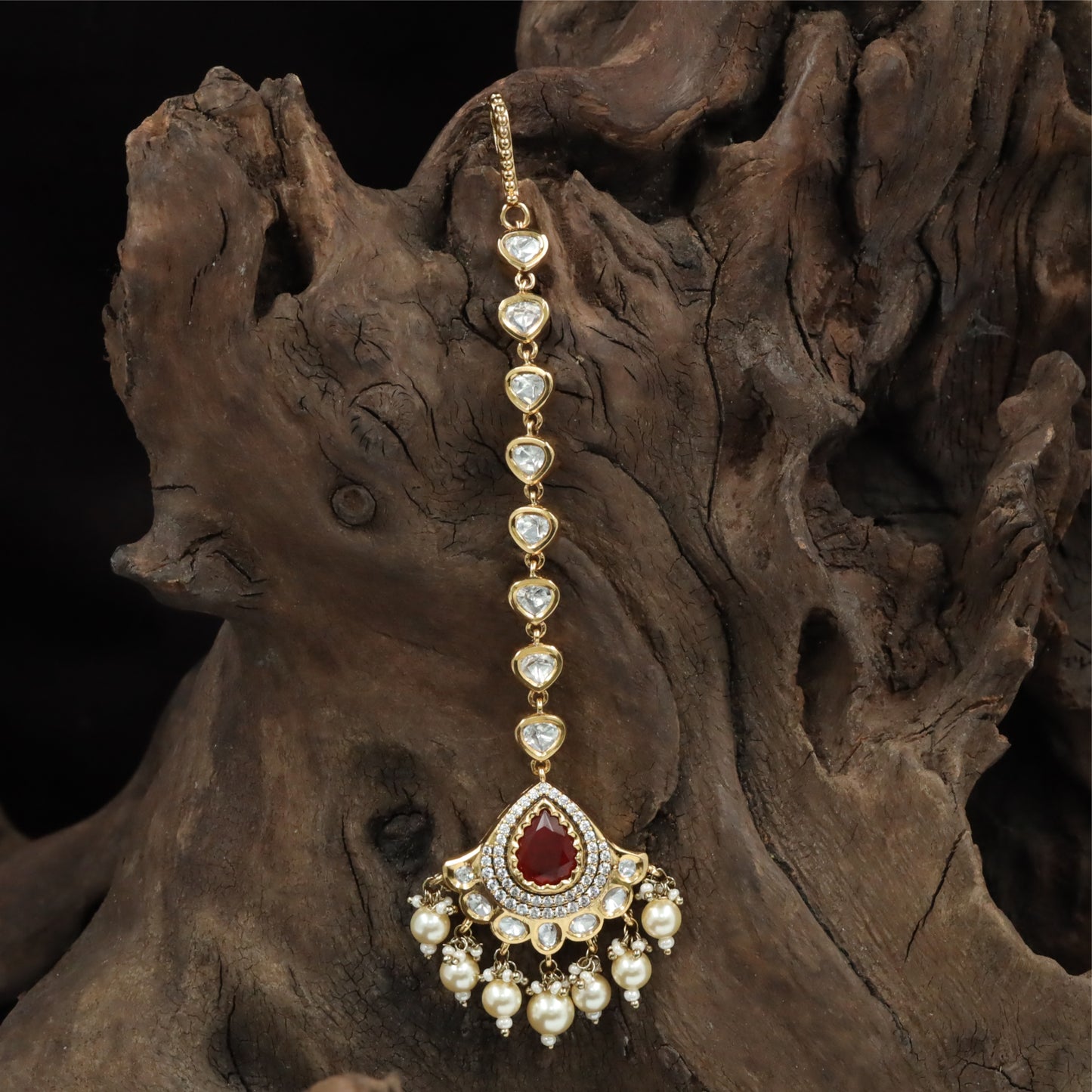 Classic Long Kundan Tikka with Repeating Heart Motifs and Layered Drop Detailing
