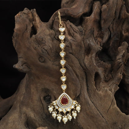 Classic Long Kundan Tikka with Repeating Heart Motifs and Layered Drop Detailing