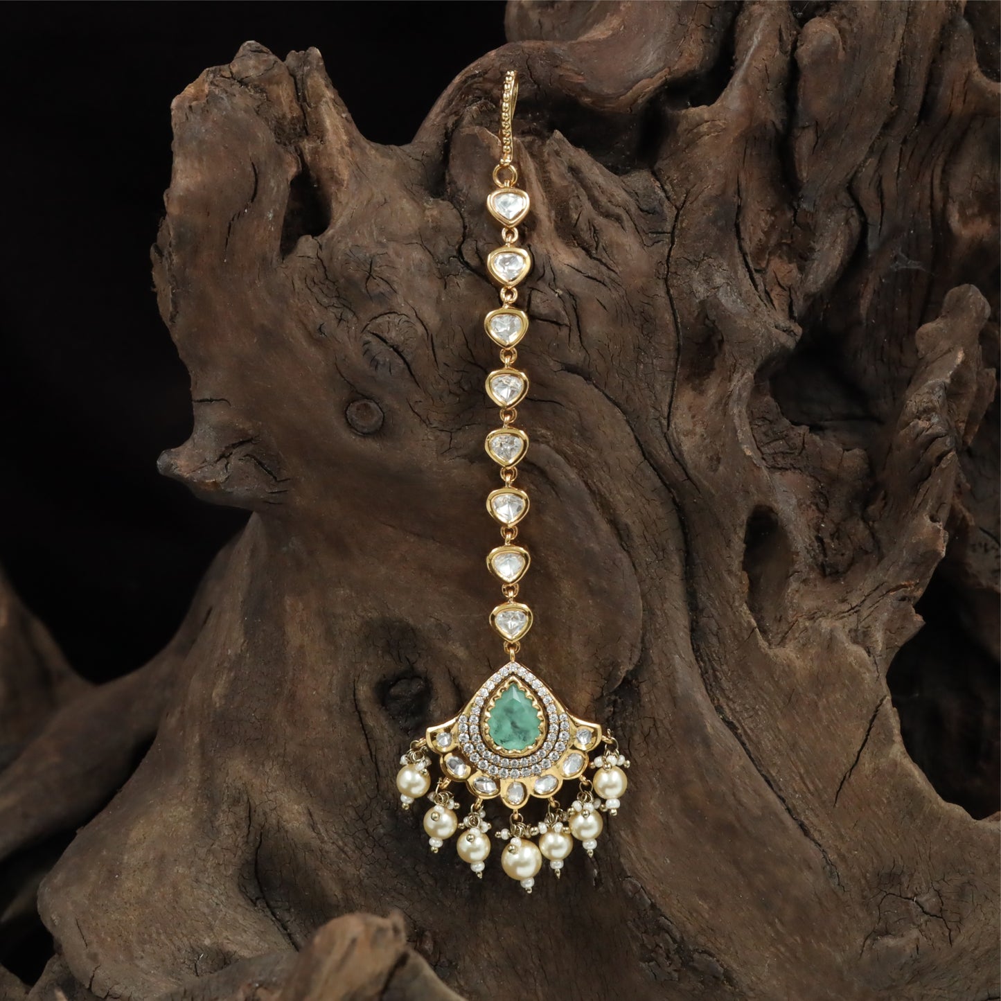 Classic Long Kundan Tikka with Repeating Heart Motifs and Layered Drop Detailing