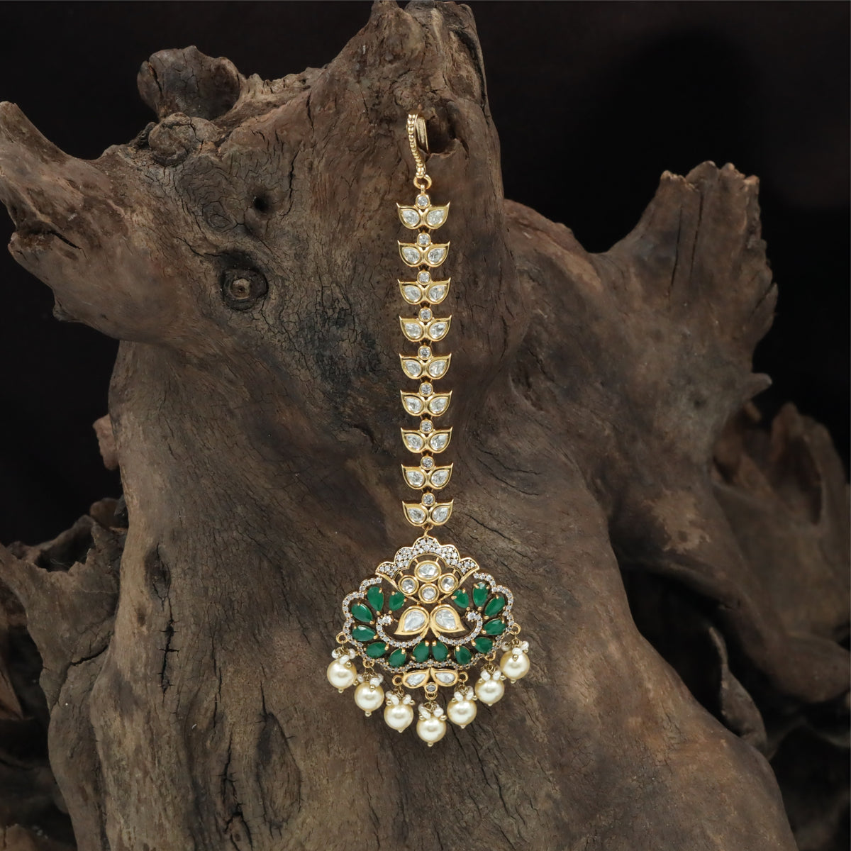Leaf Sequence Kundan Tikka with Broad Floral Pendant and Pearl Drop Fringe