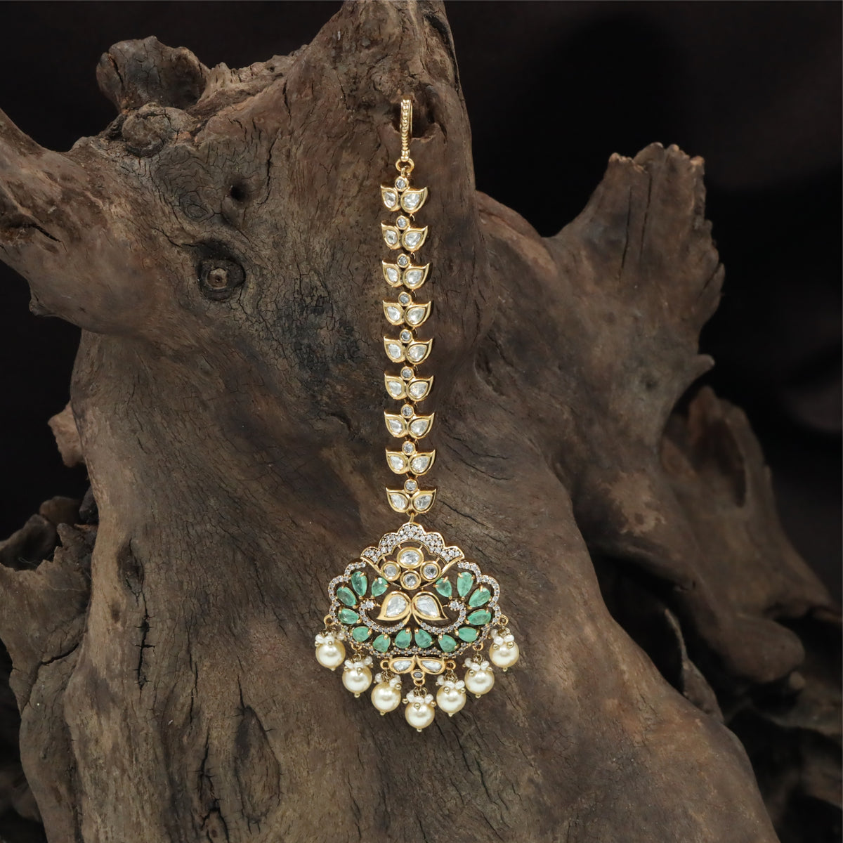 Leaf Sequence Kundan Tikka with Broad Floral Pendant and Pearl Drop Fringe