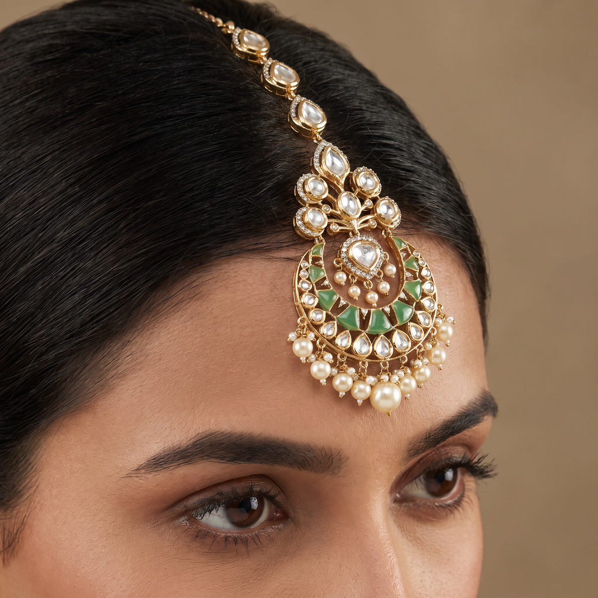 Curved Crescent Kundan Tikka with Teardrop Links