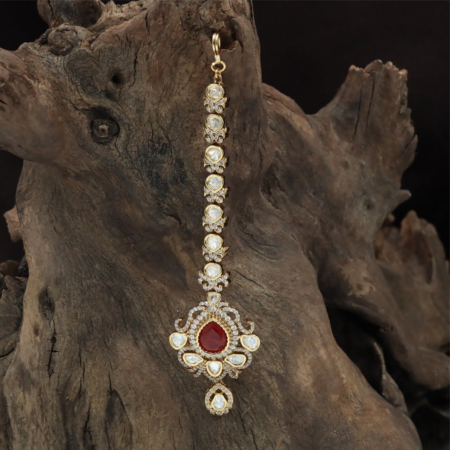 Grace Pattern Kundan Tikka with Linked Floral Units and Drop Pendant