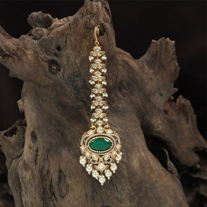 Grand Oval Pendant Tikka with Tiered Link Chain and Clustered Pearl Drops