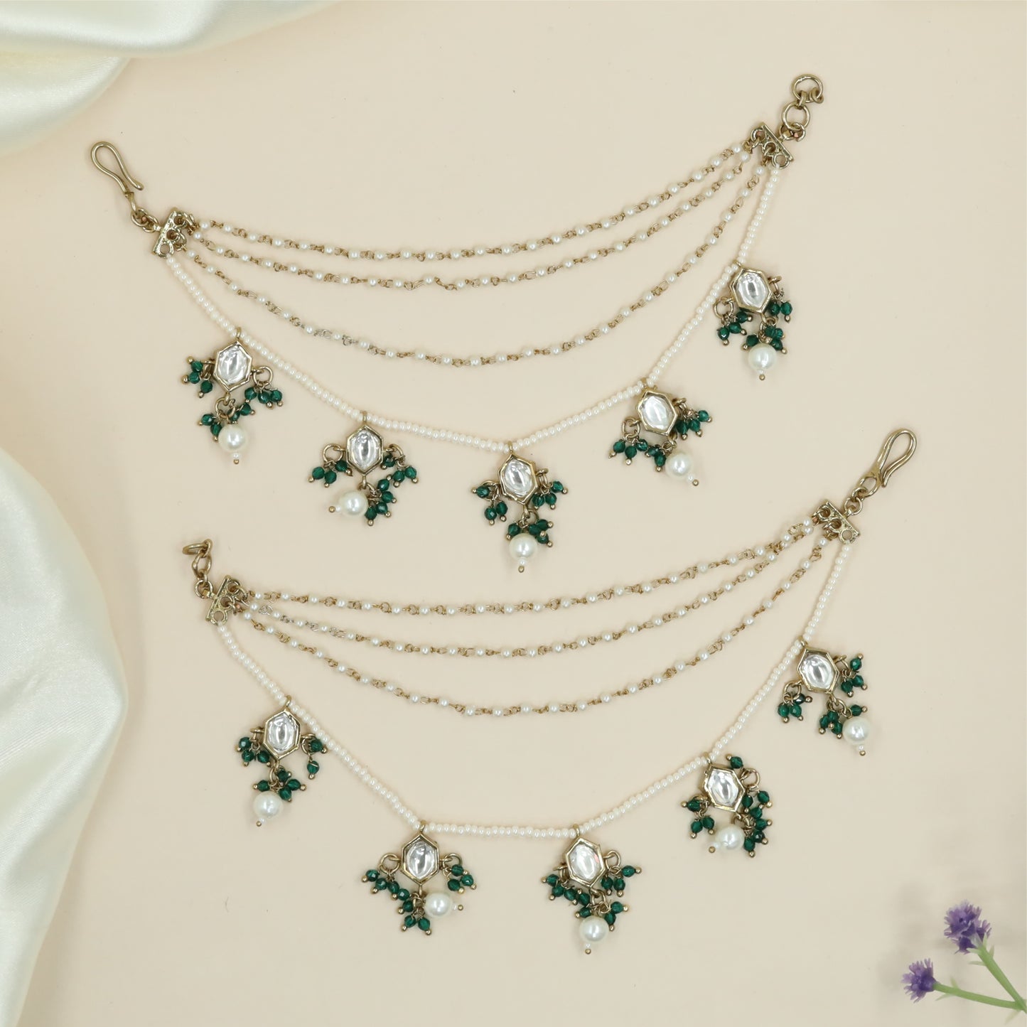 Fine triple chain mati with bead strands and clustered hanging elements