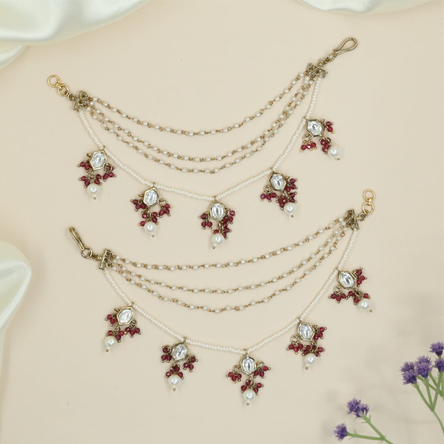 Fine triple chain mati with bead strands and clustered hanging elements