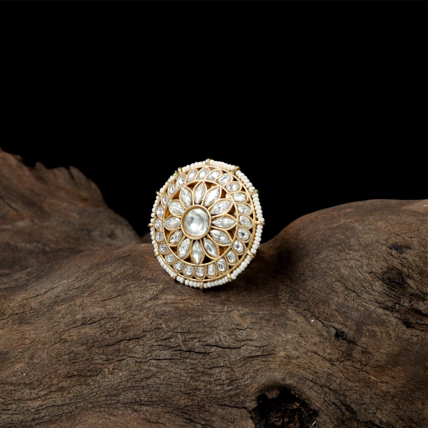 Radiant Petal Cluster Jadau Finger Ring with Circular Floral Layout