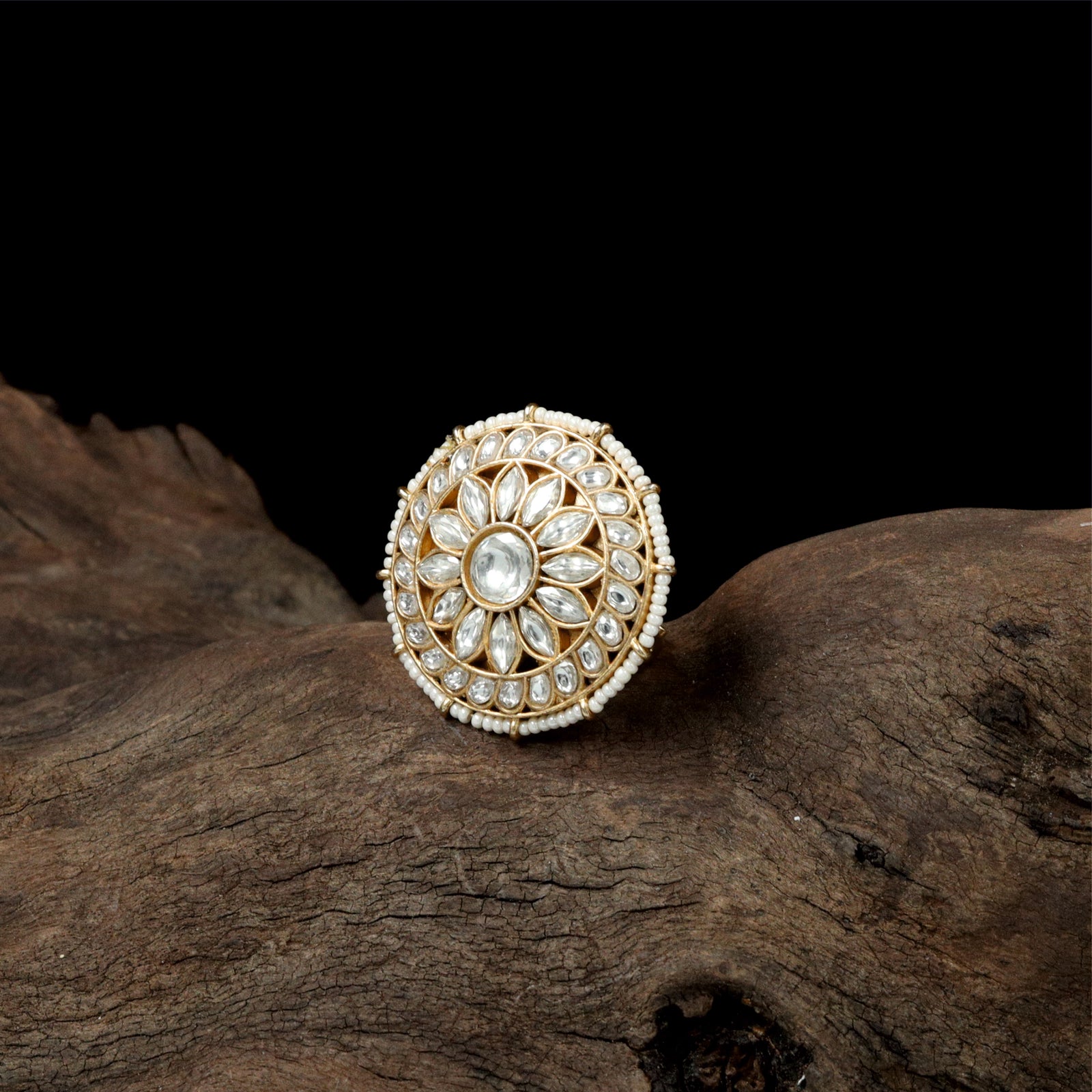 Radiant Petal Cluster Jadau Finger Ring with Circular Floral Layout