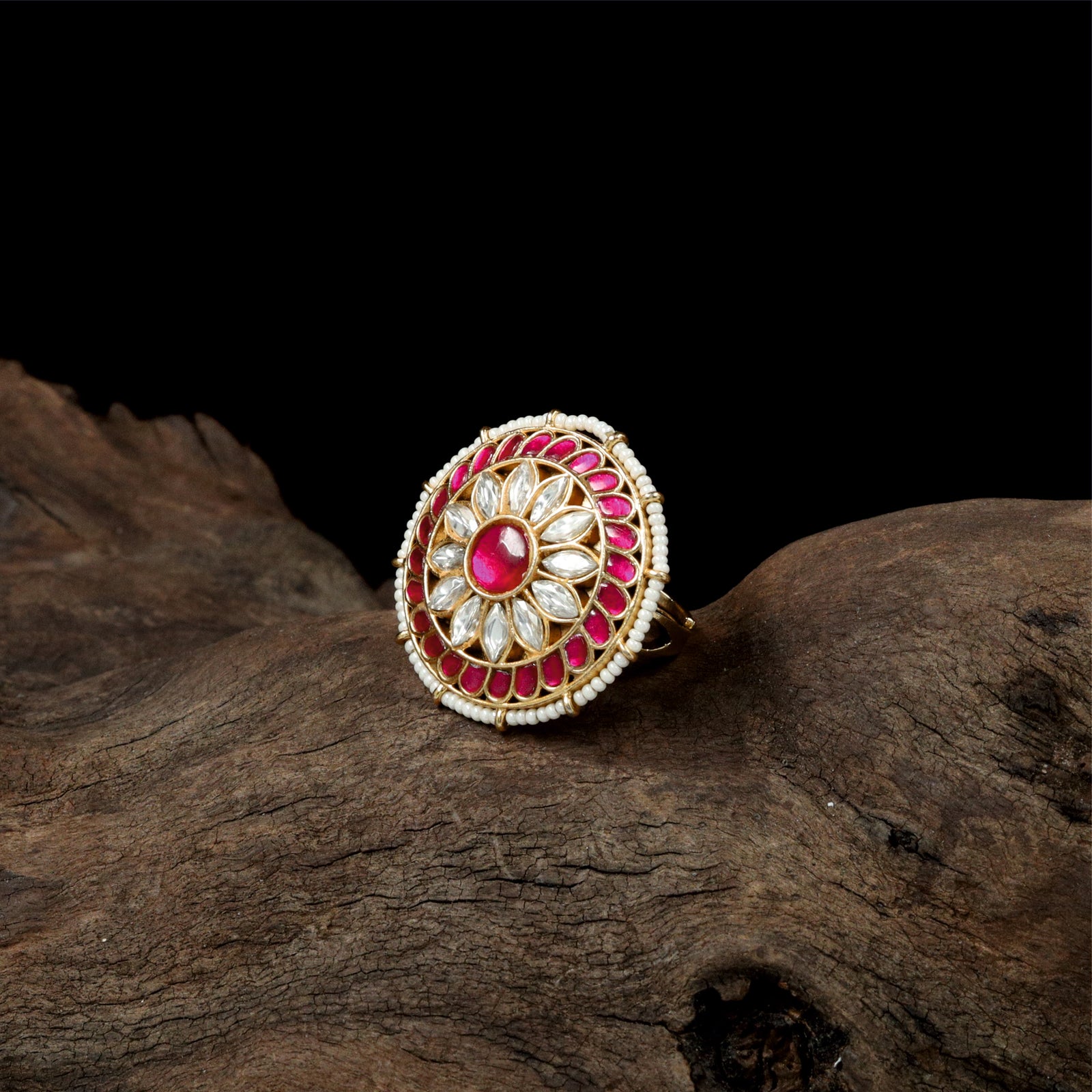 Radiant Petal Cluster Jadau Finger Ring with Circular Floral Layout