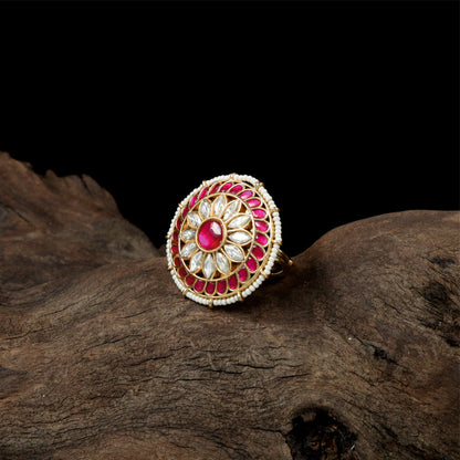 Radiant Petal Cluster Jadau Finger Ring with Circular Floral Layout